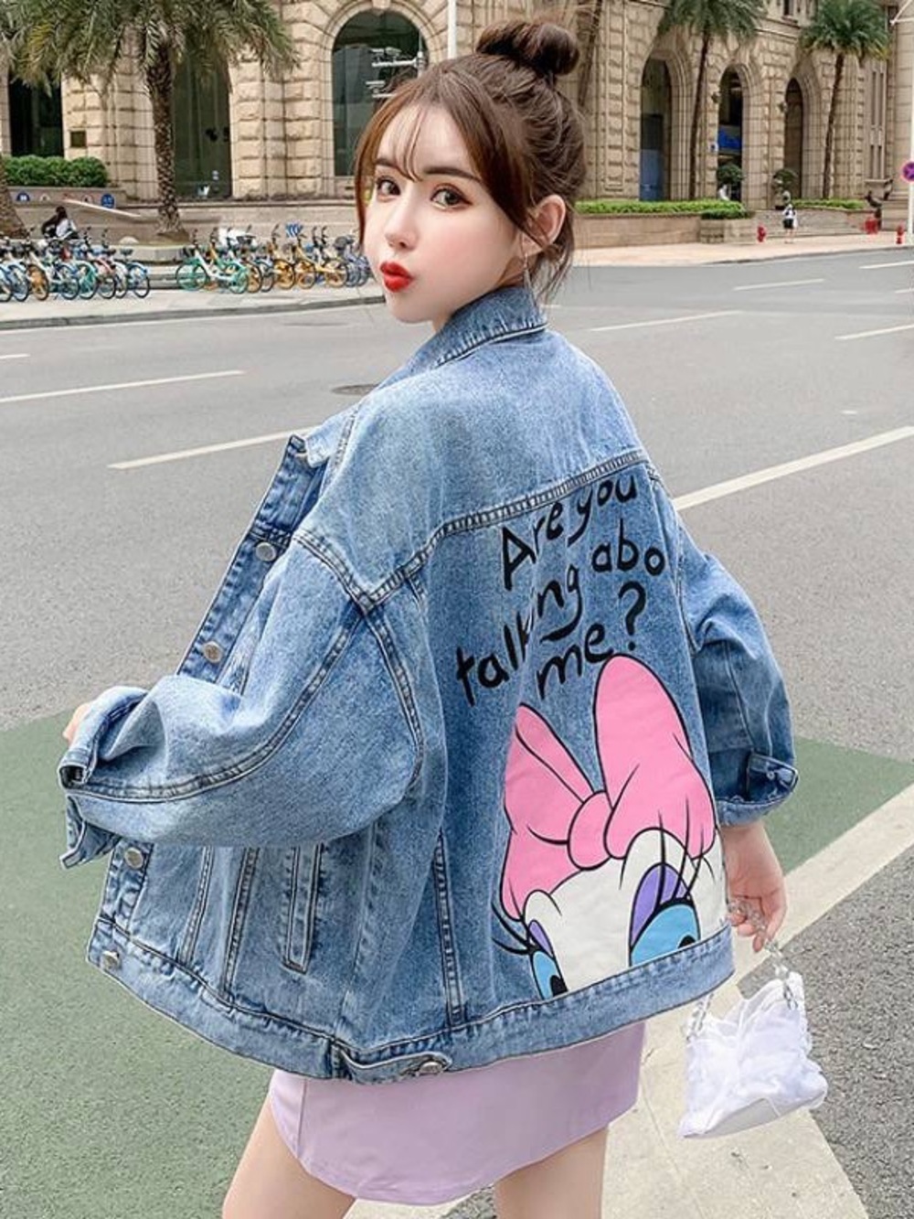 Pink Daisy Duck Denim Jacket Cartoon Graphic